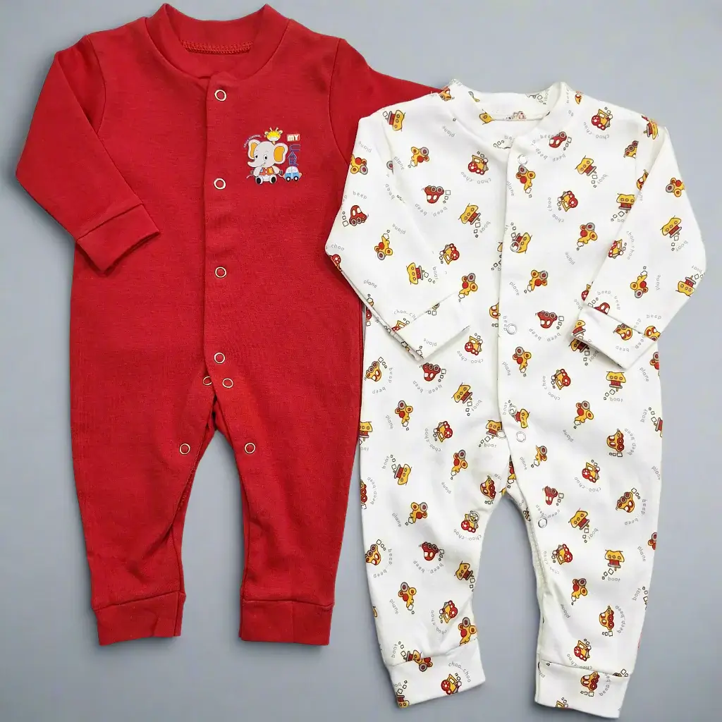 Long Sleeve Pack of 2 Open Feet Rompers - Red & Car - Image 7