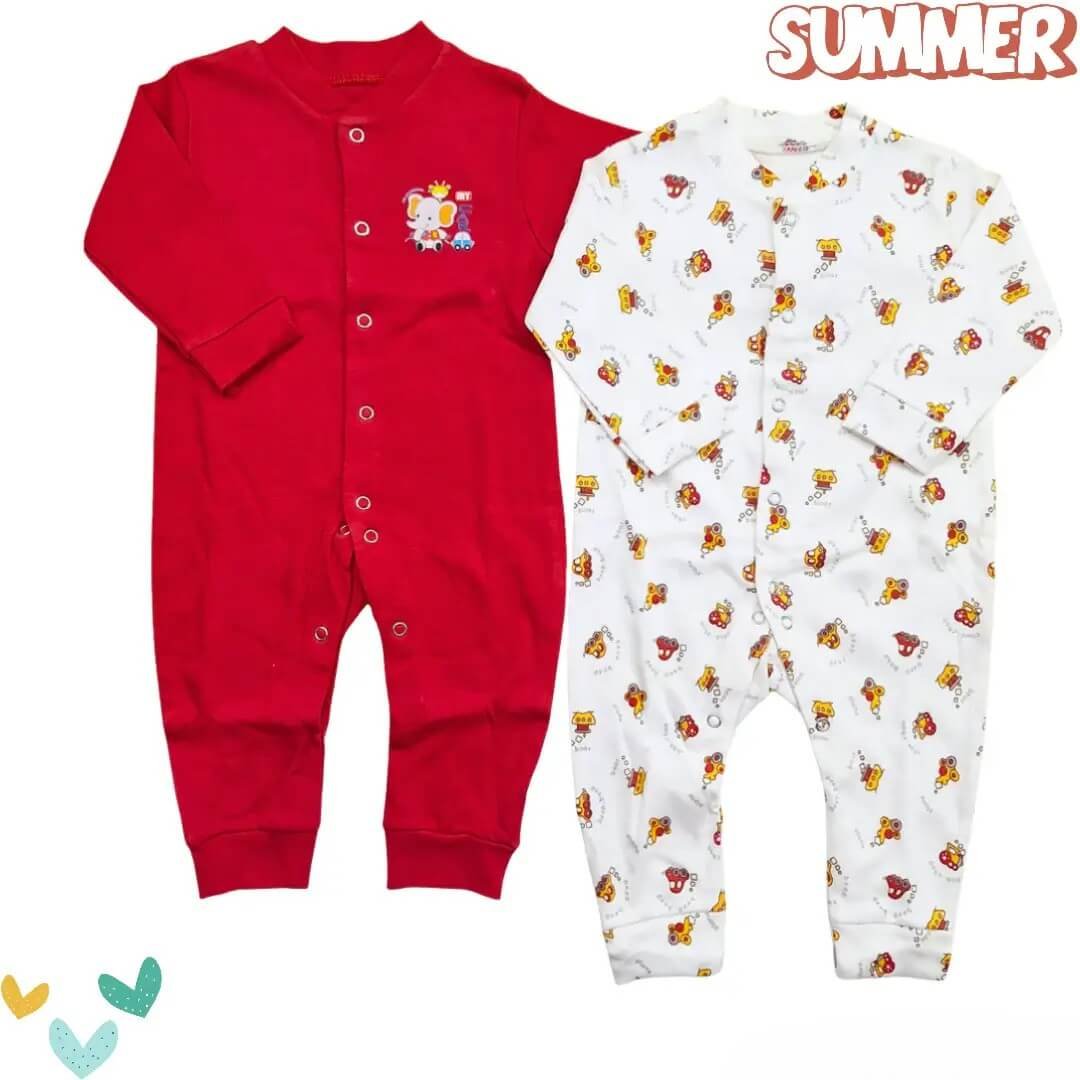 Long Sleeve Pack of 2 Open Feet Rompers - Red & Car - Image 2