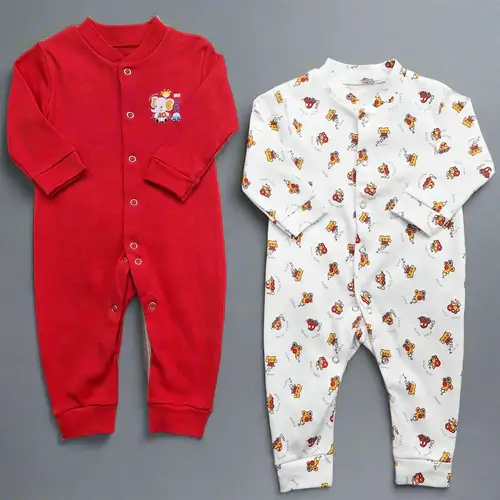 Long Sleeve Pack of 2 Open Feet Rompers - Red & Car - Image 6