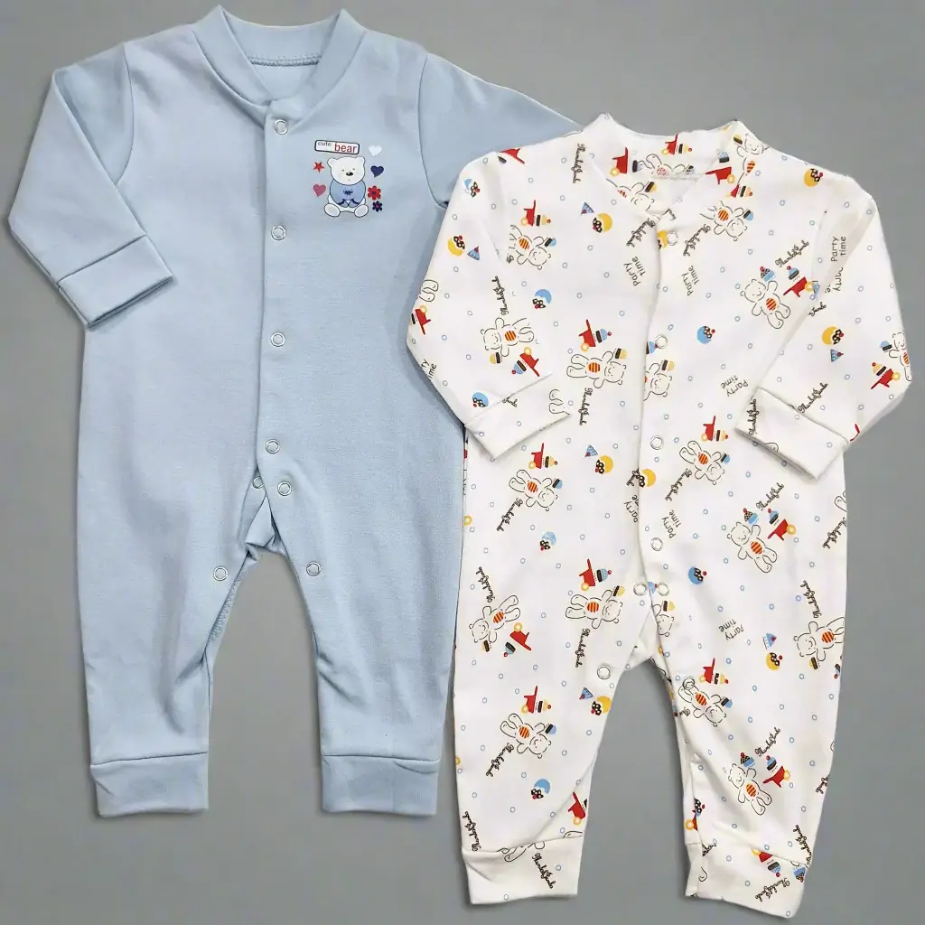 Long Sleeve Pack of 2 Open Feet Rompers - Blue & Bear - Image 2
