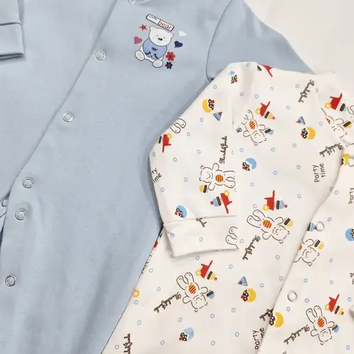 Long Sleeve Pack of 2 Open Feet Rompers - Blue & Bear - Image 4