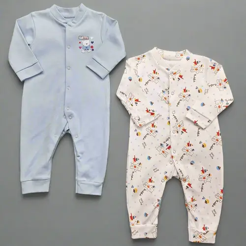 Long Sleeve Pack of 2 Open Feet Rompers - Blue & Bear - Image 5