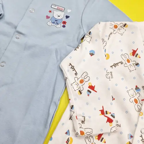 Long Sleeve Pack of 2 Open Feet Rompers - Blue & Bear - Image 6