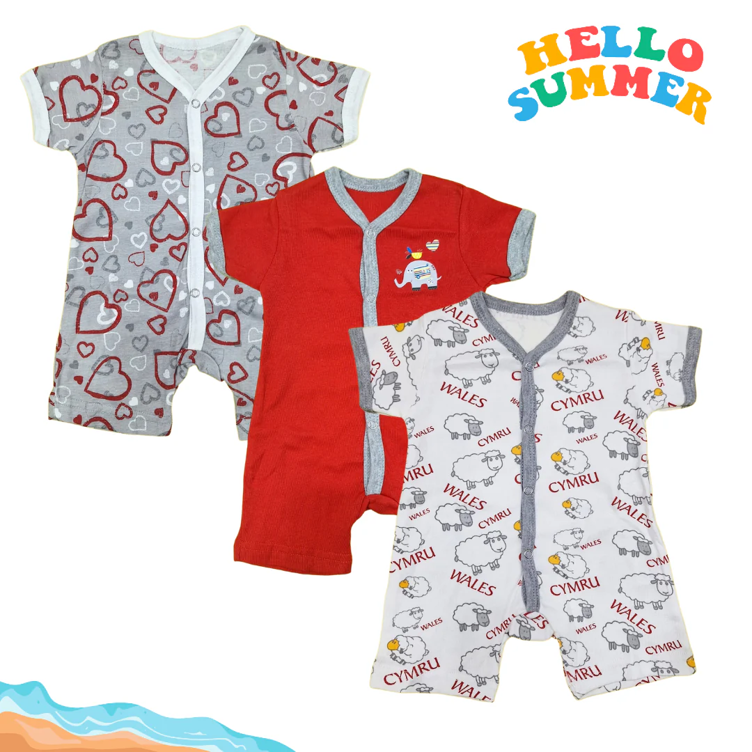 Pack of 3 Short Leg Rompers - Red - Image 2