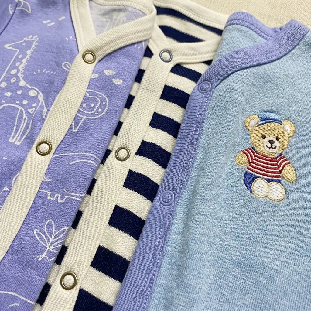 Pack of 3 Baby Cotton Rompers – Lavender Printed, Navy Striped & Sky Blue - Image 4