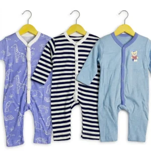 Pack of 3 Baby Cotton Rompers – Lavender Printed, Navy Striped & Sky Blue