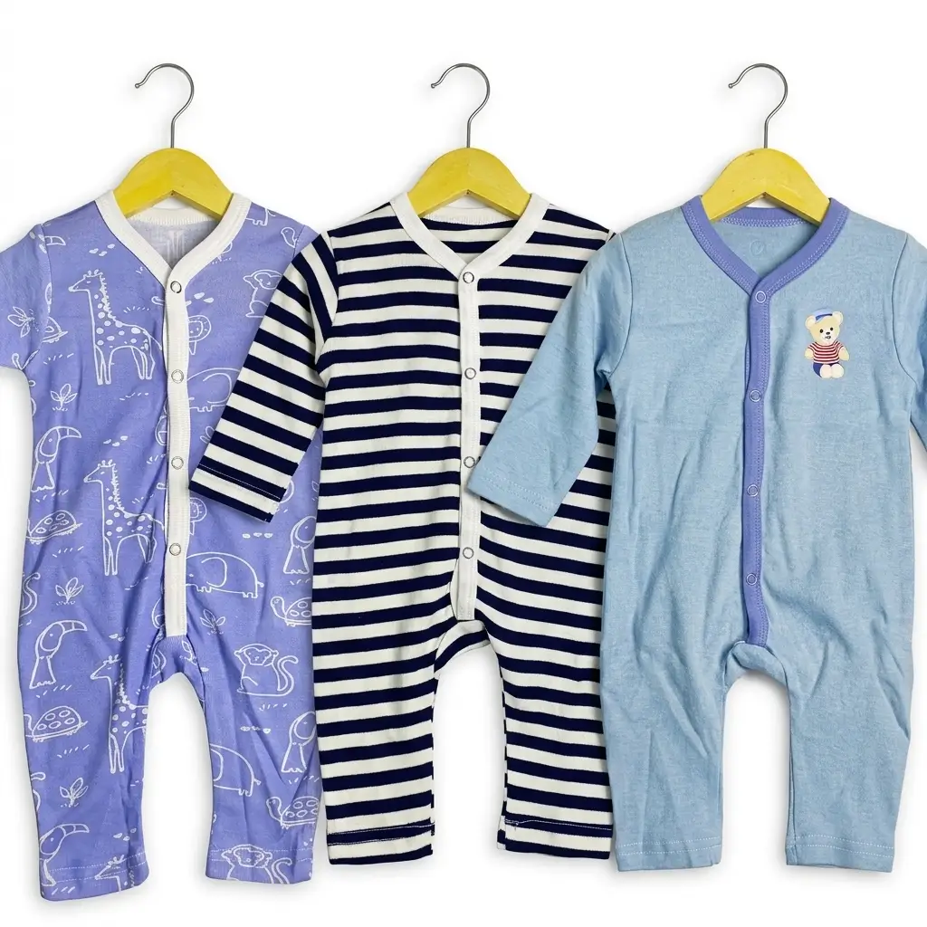 Pack of 3 Baby Cotton Rompers – Lavender Printed, Navy Striped & Sky Blue - Image 3