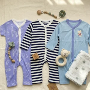 Pack of 3 Baby Cotton Rompers – Lavender Printed, Navy Striped & Sky Blue
