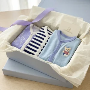 Pack of 3 Baby Cotton Rompers – Lavender Printed, Navy Striped & Sky Blue