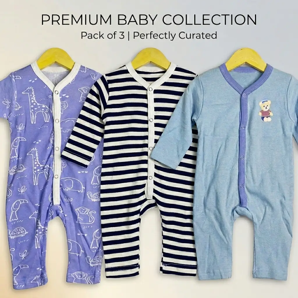 Pack of 3 Baby Cotton Rompers – Lavender Printed, Navy Striped & Sky Blue - Image 5