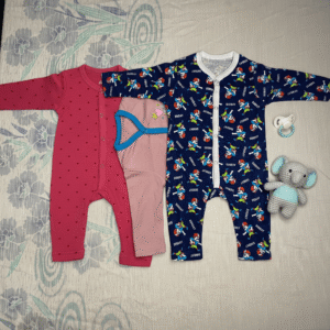 Pack of 3 Baby Cotton Rompers – Pink, Peach & Navy Printed Full Sleeve For Newborn
