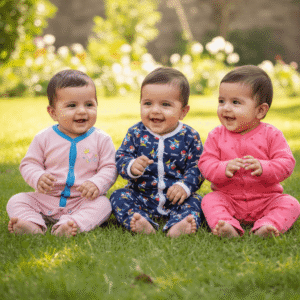 Pack of 3 Baby Cotton Rompers – Pink, Peach & Navy Printed Full Sleeve For Newborn