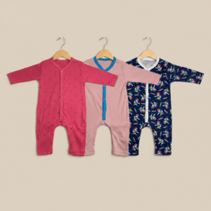 Pack of 3 Baby Cotton Rompers – Pink, Peach & Navy Printed Full Sleeve For Newborn