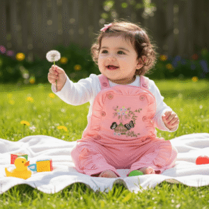 Baby Girl 2-Piece Peach Dungaree Set – Ruffle Overalls with White Full Sleeve Shirt