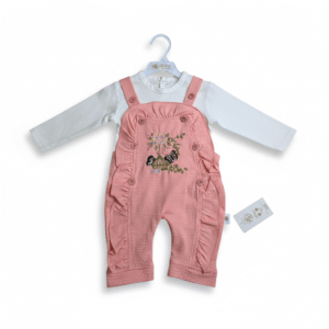 Baby Girl 2-Piece Peach Dungaree Set – Ruffle Overalls with White Full Sleeve Shirt
