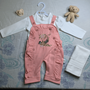Baby Girl 2-Piece Peach Dungaree Set – Ruffle Overalls with White Full Sleeve Shirt