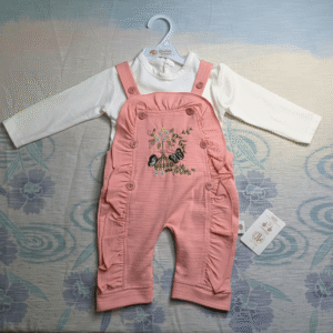 Baby Girl 2-Piece Peach Dungaree Set – Ruffle Overalls with White Full Sleeve Shirt