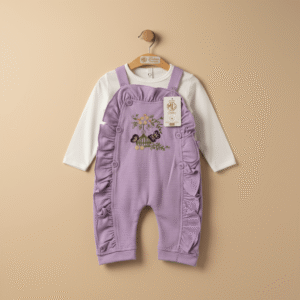 Baby Girl 2-Piece Purple Dungaree Set – Ruffle Overalls with White Full Sleeve Shirt