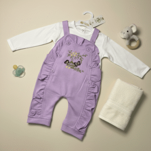 Baby Girl 2-Piece Purple Dungaree Set – Ruffle Overalls with White Full Sleeve Shirt