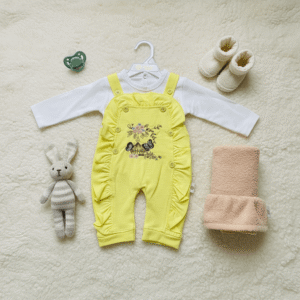 Baby Girl 2-Piece Yellow Dungaree Set – Ruffle Overalls with White Full Sleeve Shirt