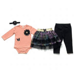 Girls Peach Top with Rainbow Tutu Skirt & Leggings Set with Headband