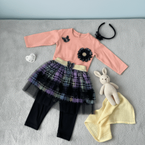 Girls Peach Top with Rainbow Tutu Skirt & Leggings Set with Headband