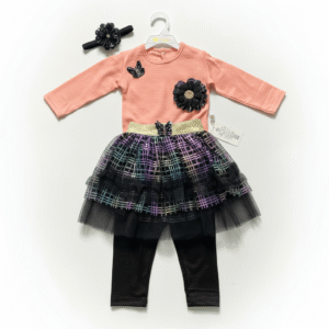 Girls Peach Top with Rainbow Tutu Skirt & Leggings Set with Headband