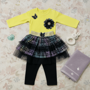 Girls Yellow Top with Rainbow Tutu Skirt & Leggings Set with Headband