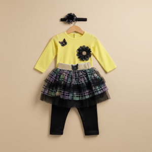 Girls Yellow Top with Rainbow Tutu Skirt & Leggings Set with Headband