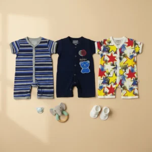 Newborn Baby Rompers Pack of 3 – Striped, Printed & Star Combo
