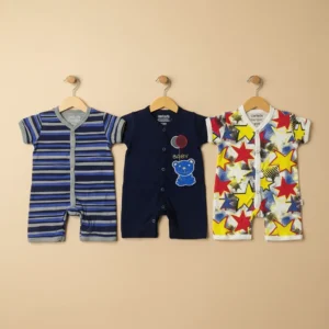 Newborn Baby Rompers Pack of 3 – Striped, Printed & Star Combo