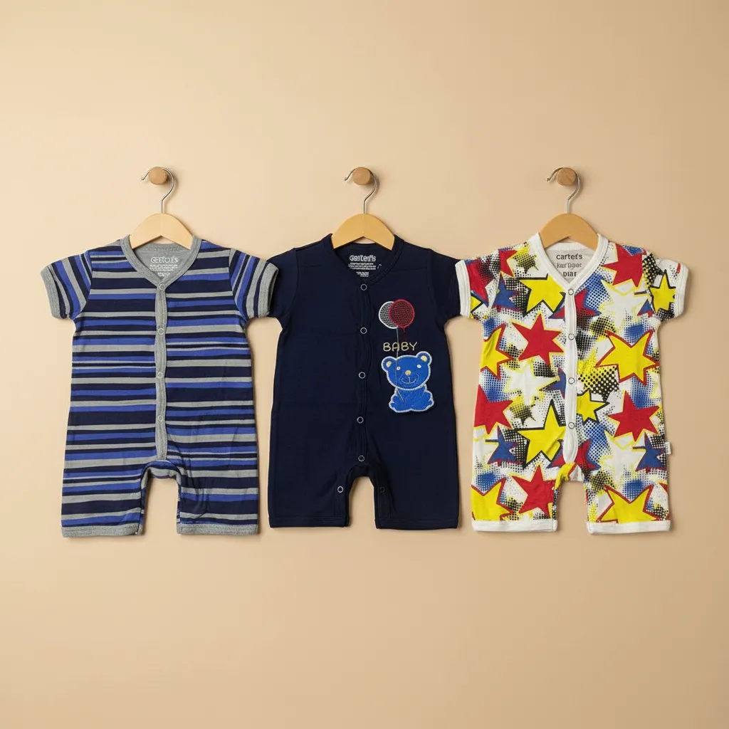 Newborn Baby Rompers Pack of 3 – Striped, Printed & Star Combo - Image 4
