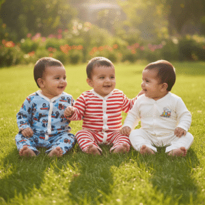 Pack of 3 Baby Boy Cotton Rompers – Blue Printed, Red Striped & Cream Full Sleeve Newborn Jumpsuits