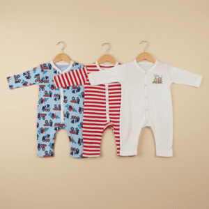 Pack of 3 Baby Boy Cotton Rompers – Blue Printed, Red Striped & Cream Full Sleeve Newborn Jumpsuits