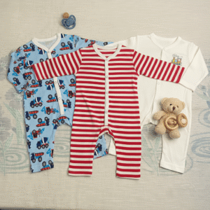 Pack of 3 Baby Boy Cotton Rompers – Blue Printed, Red Striped & Cream Full Sleeve Newborn Jumpsuits