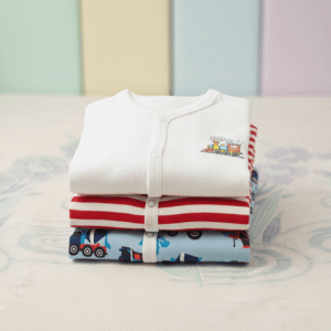 Pack of 3 Baby Boy Cotton Rompers – Blue Printed, Red Striped & Cream Full Sleeve Newborn Jumpsuits