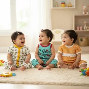 Pack of 3 Baby Cotton Rompers – Floral, “I Love Mama Papa” & Printed