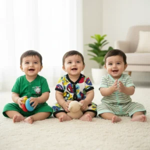 Pack of 3 Baby Cotton Rompers – Green Solid, Colorful Print & Stripe (0–24 Months)