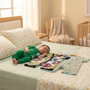 Pack of 3 Baby Cotton Rompers – Green Solid, Colorful Print & Stripe (0–24 Months)