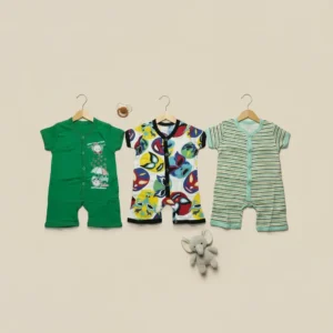 Pack of 3 Baby Cotton Rompers – Green Solid, Colorful Print & Stripe (0–24 Months)