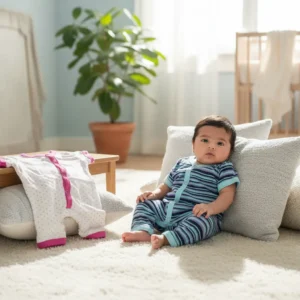 Pack of 3 Baby Cotton Rompers – Pink Polka, Blue Stripe & Butterfly Print (0–24 Months)