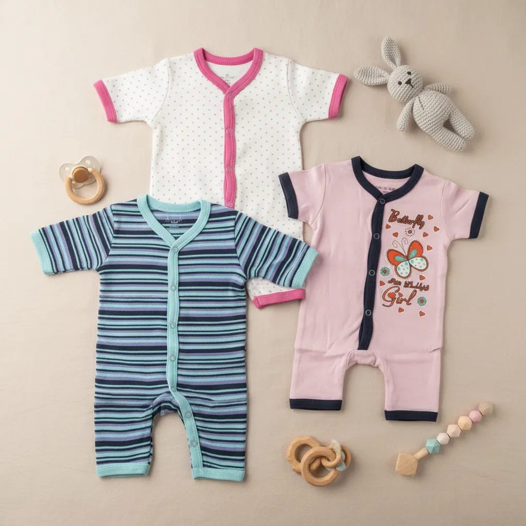 Pack of 3 Baby Cotton Rompers – Pink Polka, Blue Stripe & Butterfly Print (0–24 Months) - Image 3