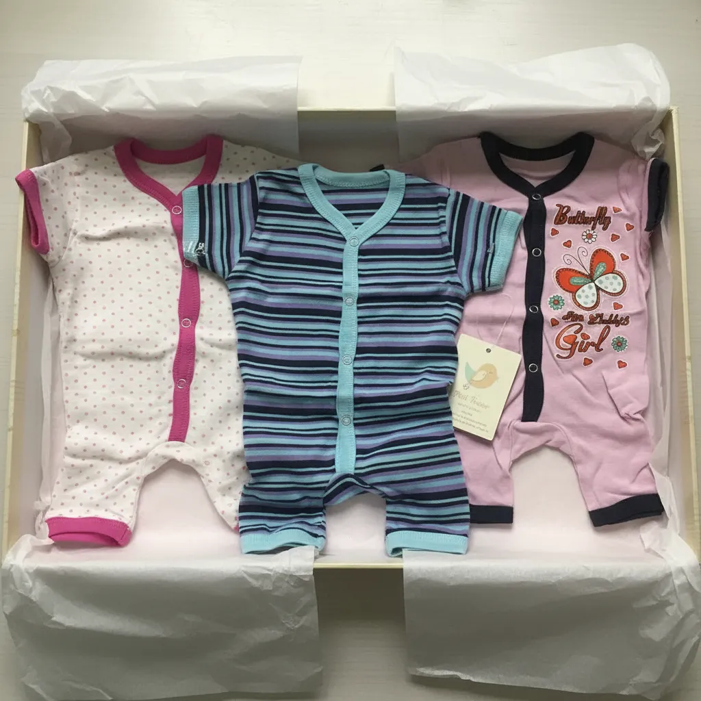 Pack of 3 Baby Cotton Rompers – Pink Polka, Blue Stripe & Butterfly Print (0–24 Months) - Image 5
