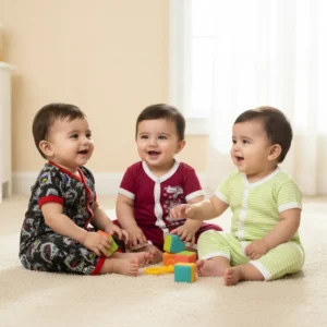 Pack of 3 Baby Cotton Rompers – Unicorn, Monster & Green Stripe (0–24 Months)