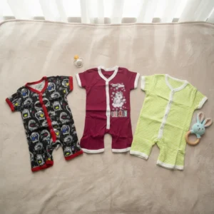 Pack of 3 Baby Cotton Rompers – Unicorn, Monster & Green Stripe (0–24 Months)