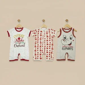 Pack of 3 Baby Rompers – Cutest Apple in the Orchard, Red Apple Print, and Who Loves Elephants