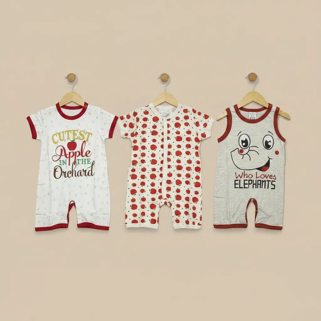 Pack of 3 Baby Rompers – Cutest Apple in the Orchard, Red Apple Print, and Who Loves Elephants - Image 4