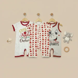Pack of 3 Baby Rompers – Cutest Apple in the Orchard, Red Apple Print, and Who Loves Elephants