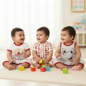 Pack of 3 Baby Rompers – Cutest Apple in the Orchard, Red Apple Print, and Who Loves Elephants