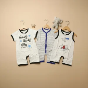 Pack of 3 Baby Rompers – White with "Twinkle Twinkle Little Star", Striped, and "Winnie the Pooh"